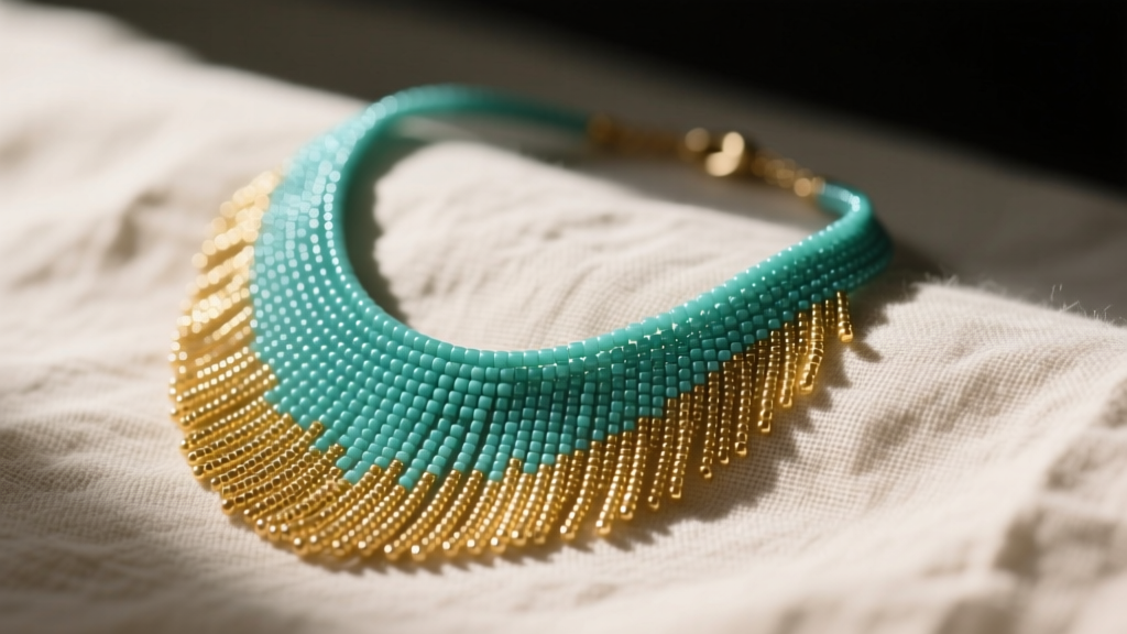 Teal and gold graduated fringe seed bead necklace draped over neutral linen fabric with soft directional studio lighting.