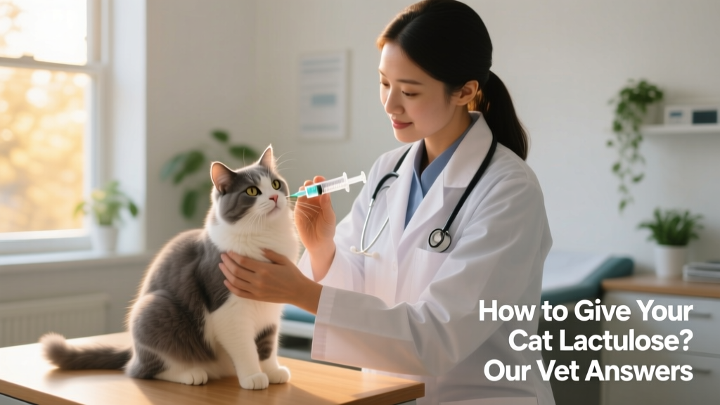 A veterinarian gently holding a calm cat while preparing a liquid medication with a syringe
