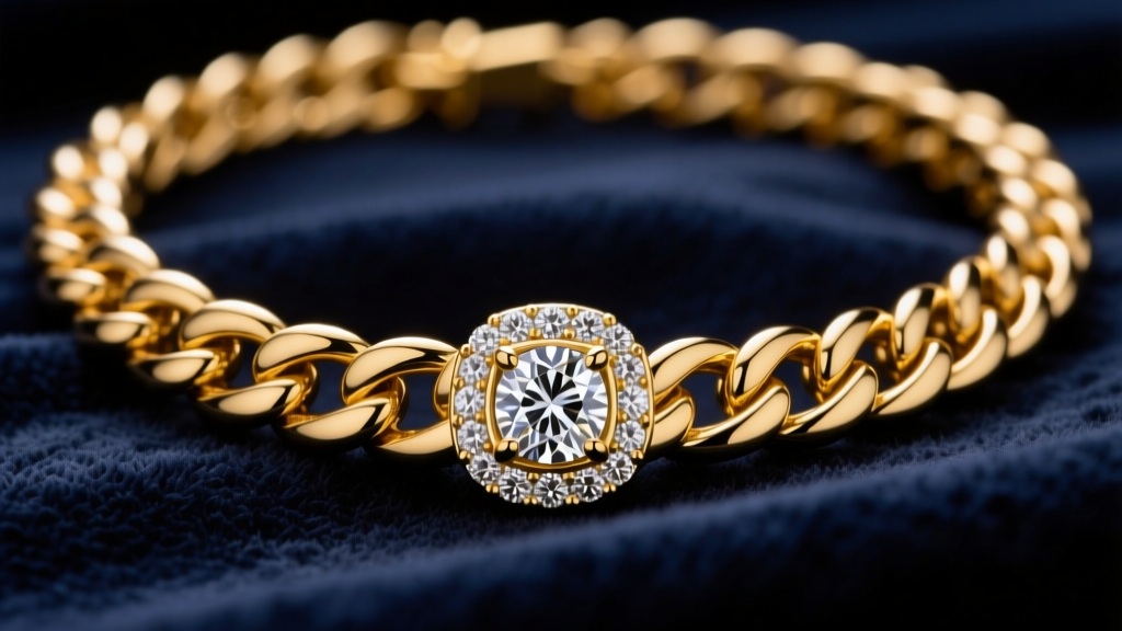 Close-up of a heavy 14mm 14k yellow gold Cuban link rapper necklace with a diamond clasp on dark velvet.