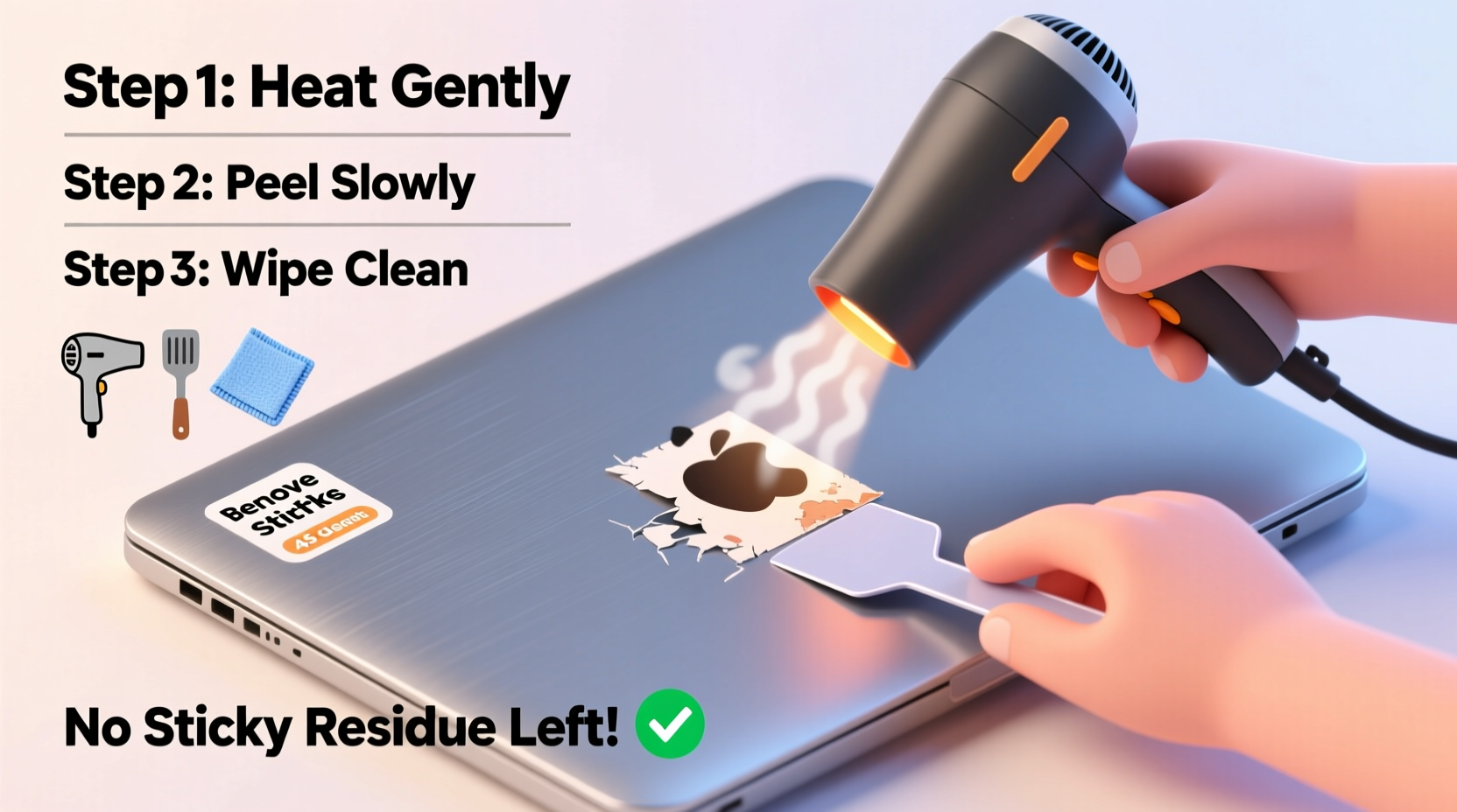 how to safely remove stickers from laptops without residue left behind