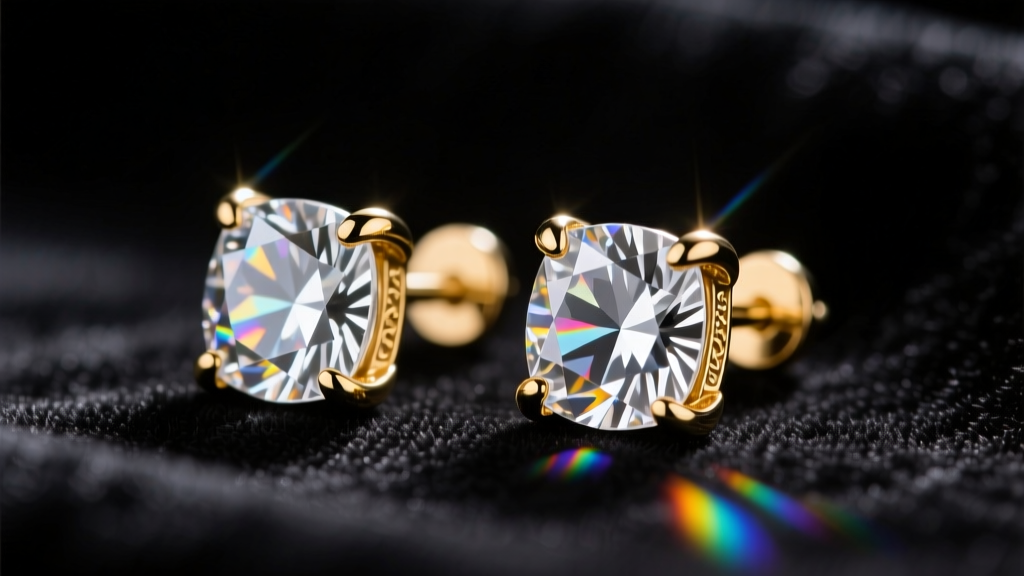 Macro shot of 5A grade cubic zirconia stud earrings in 14k gold vermeil prongs, catching bright studio light on dark velvet