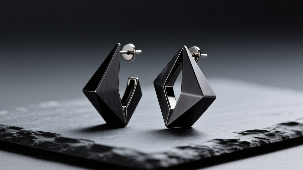 Brutalist geometric Vitaly earrings in matte black PVD stainless steel resting on dark slate with soft directional lighting