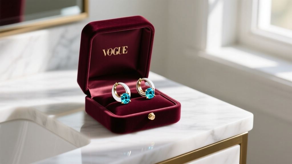 Open velvet gift box on a marble vanity revealing 18k white gold aquamarine hoop earrings catching soft morning window light.