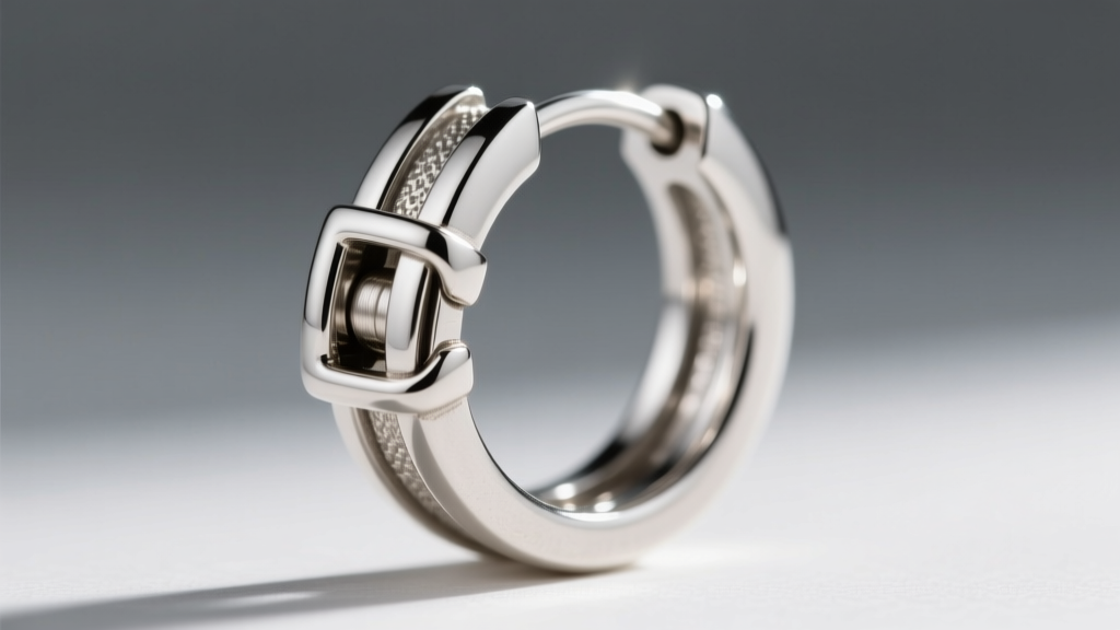 Close-up of a hinged saddleback clasp on a thick sterling silver hoop earring, showing the interlocking metal groove and hinge pin