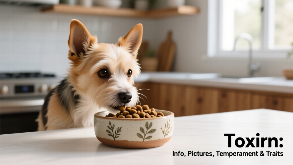 A Toxirn eating from a shallow ceramic bowl filled with premium small-breed kibble, placed on a clean kitchen counter