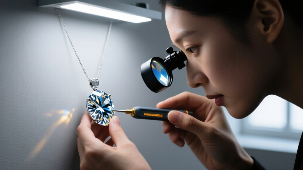 Jeweler using a 10x triplet loupe and a thermal conductivity tester to examine a brilliant-cut diamond pendant under bright LEDs