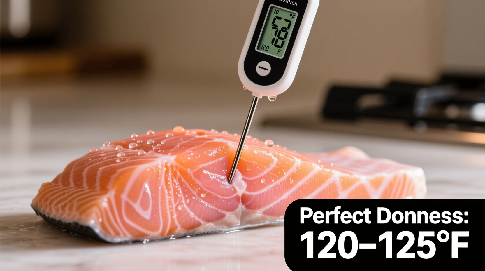 Salmon temperature guide showing thermometer in fillet
