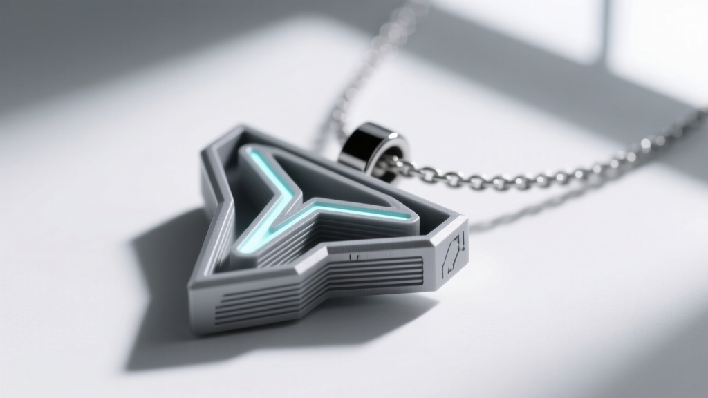 Macro shot of a grey 3D printed Tron necklace pendant showing fine layer lines and support removal marks on the geometric edge.