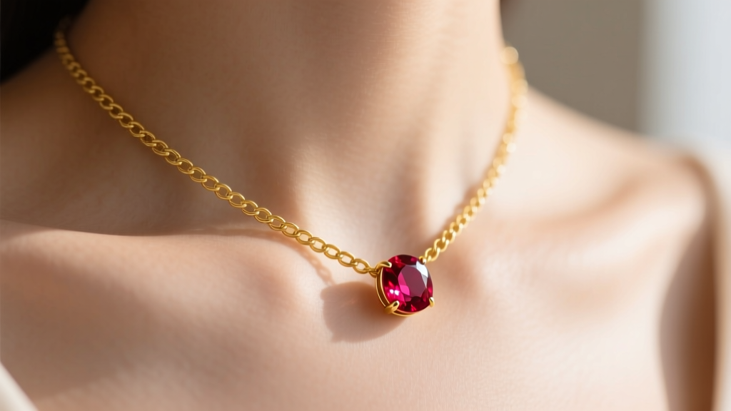Close-up of a 14k yellow gold cable chain holding a 3mm Mozambican ruby pendant resting on a collarbone in soft daylight