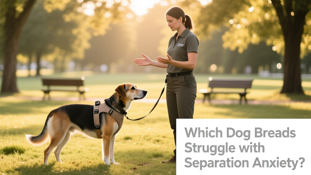 A trainer calmly practicing short departures with a dog wearing a comfortable harness, using positive reinforcement