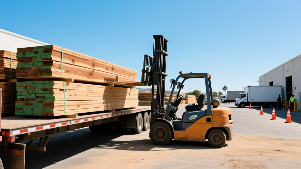 Forklift loading pressure-treated coastal-grade lumber onto a flatbed truck at a busy Oxnard building supply yard under clear skies