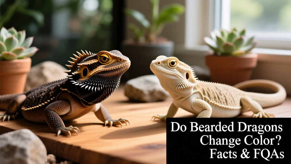 Side-by-side comparison showing a bearded dragon with a darkened beard versus one with a pale, relaxed appearance