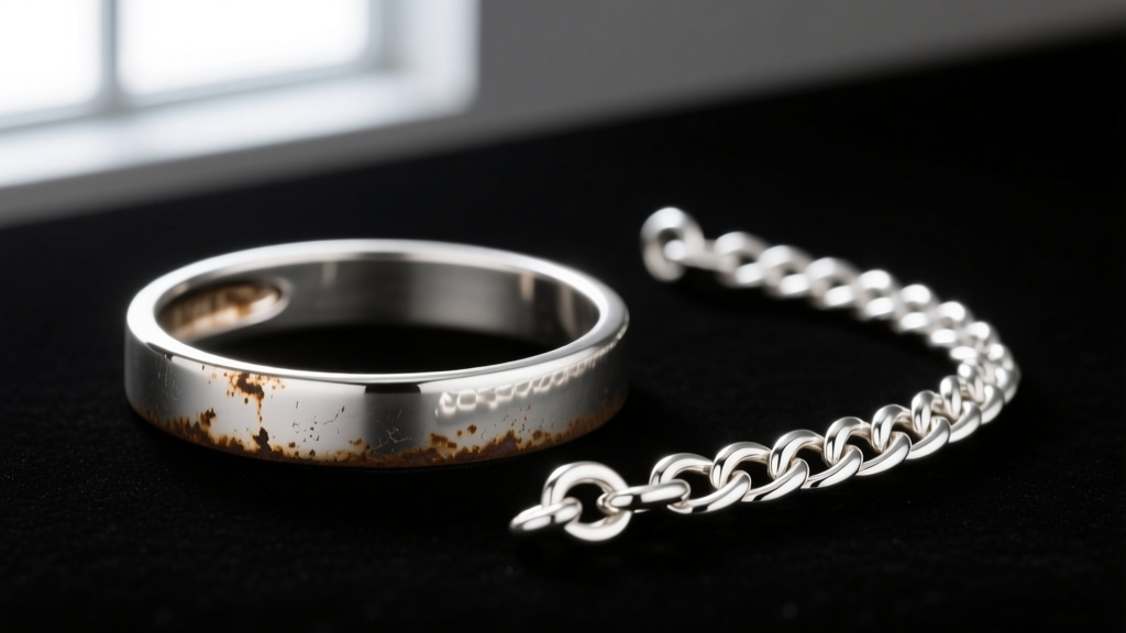 Macro view of a tarnished standard sterling silver choker chain next to a bright, untarnished Argentium silver choker link.