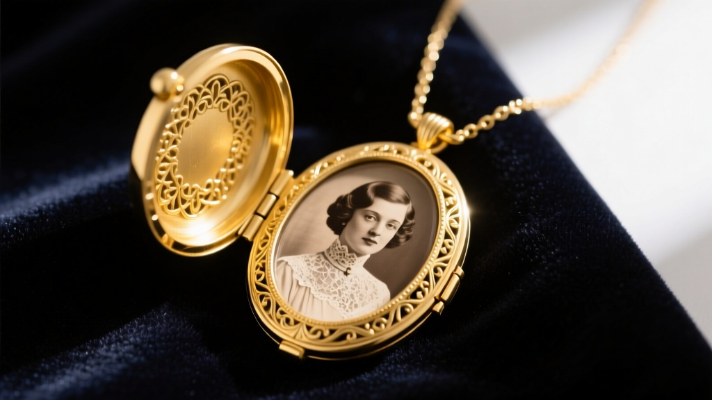 Open 14k yellow gold oval locket necklace showing a perfectly trimmed vintage portrait inside, resting on dark velvet fabric