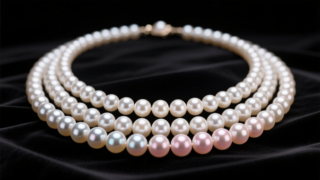 Three-strand Akoya pearl necklace on black velvet, showing mirror luster, precise layer spacing, and soft studio lighting.