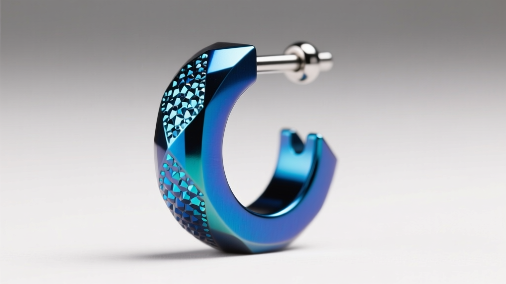 Side profile of an anodized blue titanium barbell earring, highlighting the iridescent oxide layer under bright studio lighting.