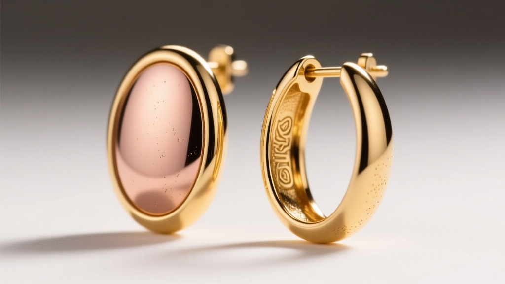 Macro photo of 18k gold vermeil and 14k solid gold oval earrings, revealing subtle color differences in warm studio light.