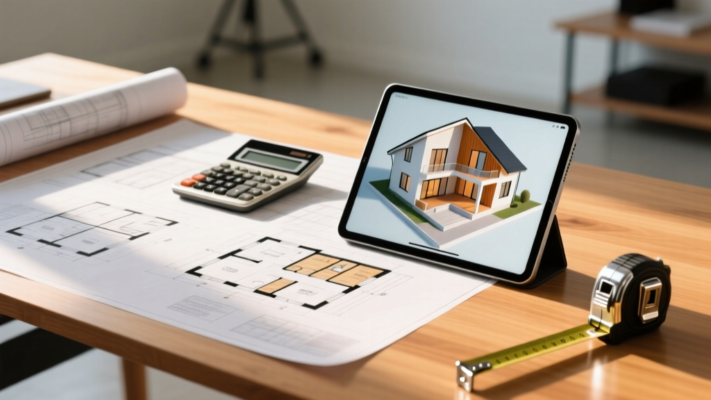 Blueprints on a wooden desk next to a tablet showing a 3D house model, a calculator, and a tape measure in bright natural light.