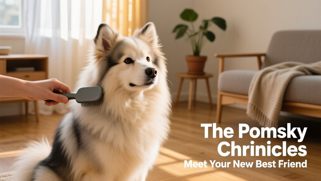 A Pomsky being gently brushed at home, showing its soft, fluffy coat and alert expression