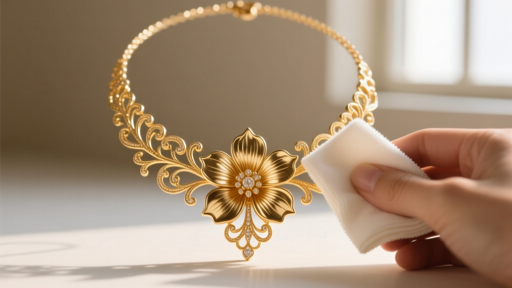 Macro shot of a delicate gold-plated floral Lake Country necklace replica being gently wiped with a microfiber polishing cloth.