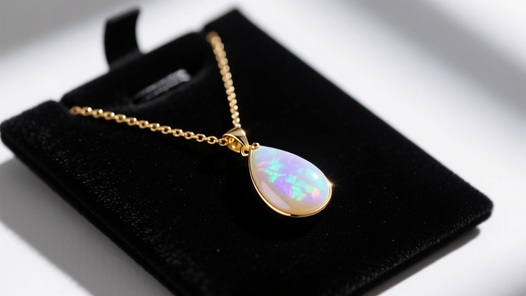 Close-up of a glowing milky opalite teardrop pendant on a delicate 14k gold chain, resting on a dark velvet jewelry cleaning mat.