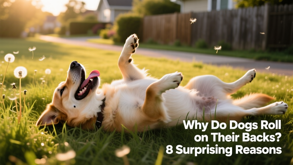 A happy, relaxed dog lying on its back in grass, paws in the air, tongue lolling