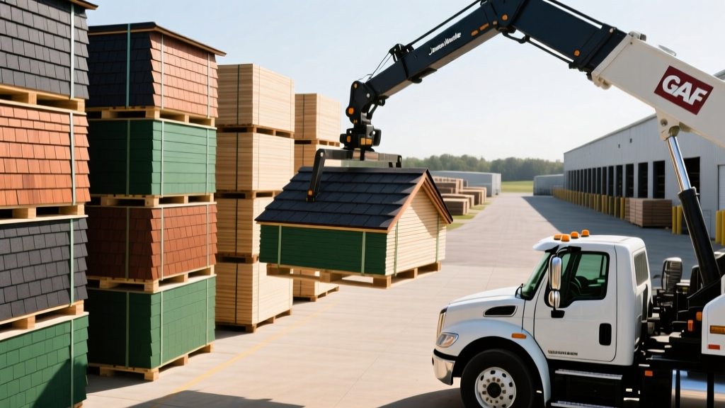 Wimsatt Waterford lumber yard showing stacked James Hardie siding pallets and a boom truck loading GAF roofing shingle bundles