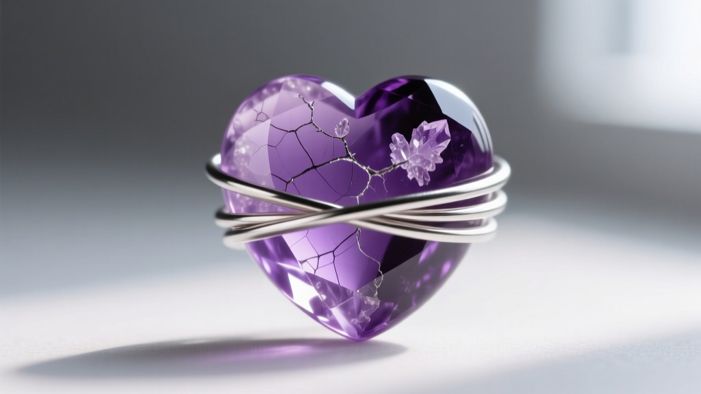 Close-up of 24-gauge silver wire wrapped around the top cleft of a polished amethyst heart bead, highlighting natural inclusions.