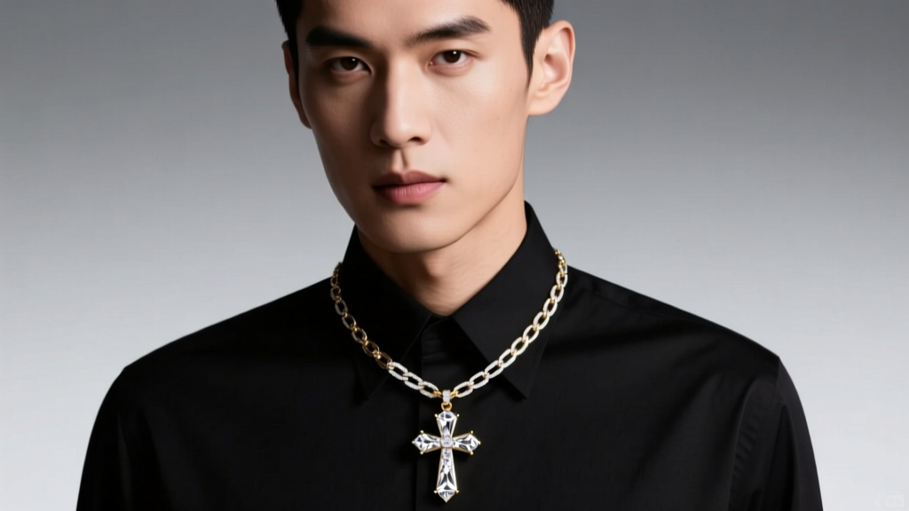 6mm white gold Franco chain supporting a diamond-encrusted urban cross pendant on a male model neck under soft studio lighting.