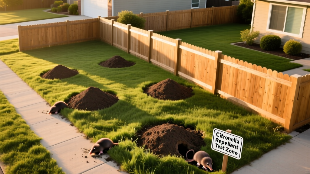 Aerial view of a neatly fenced backyard with visible mole hills near the perimeter