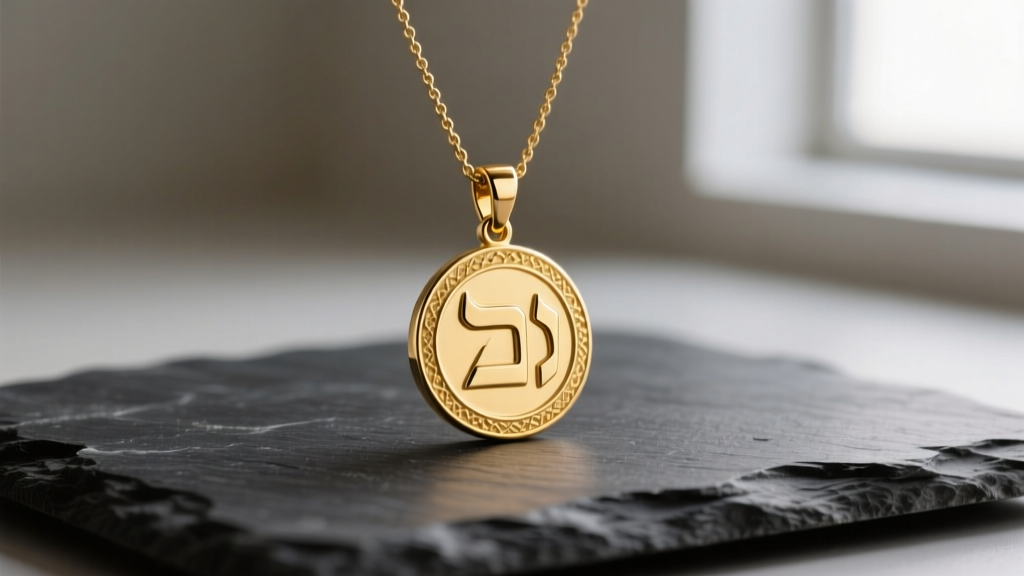 Elegant 18k yellow gold Jewish Chai pendant necklace resting on dark slate, softly lit to highlight Hebrew letters Chet and Yud
