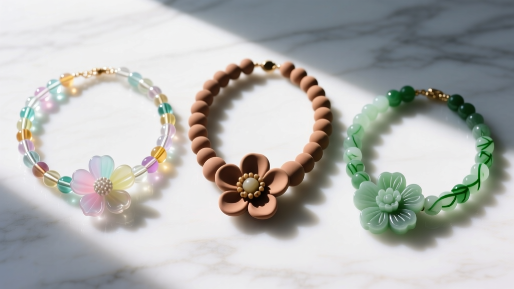 Flat lay of three flower beaded necklaces on marble: translucent glass seed beads, matte polymer clay, and carved jade in sunlight
