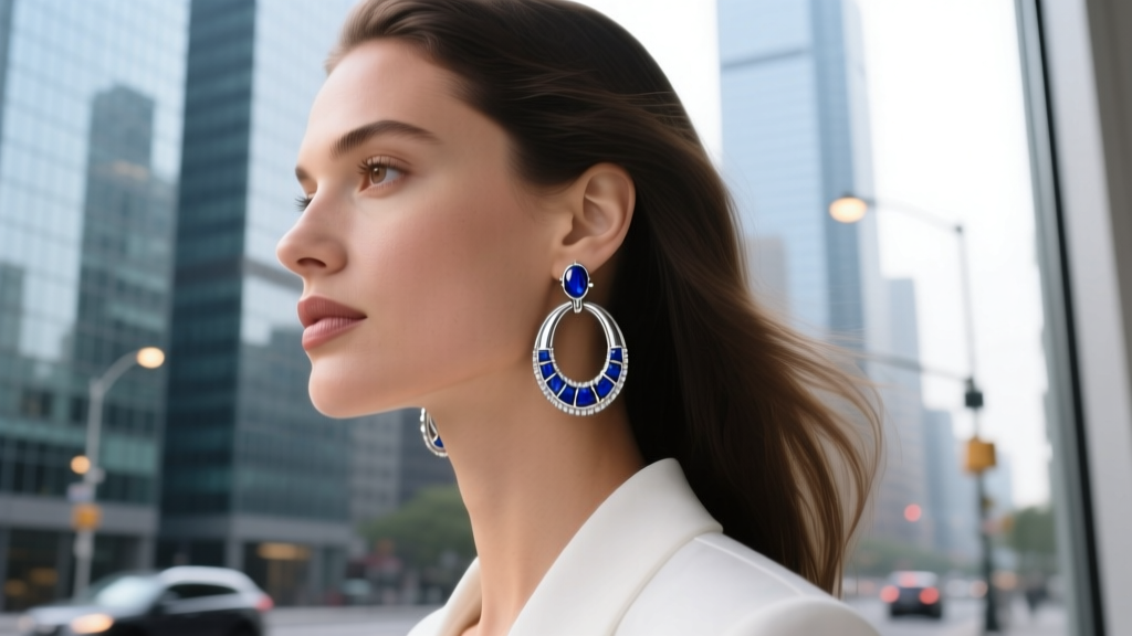 Profile shot of a woman wearing 35mm silver Lucky Brand hoop earrings with lapis lazuli inlays against a blurred urban background