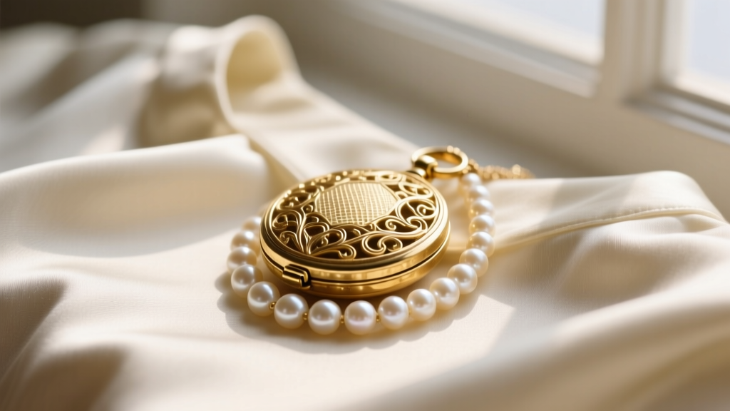 Close-up of a layered vintage 14k gold locket and baroque pearl strand resting on a silk blouse in soft natural window lighting