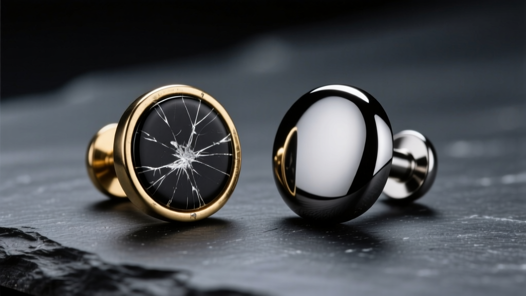 Side-by-side view of a scratched black rhodium brass stud and a pristine black PVD titanium stud resting on a dark slate surface