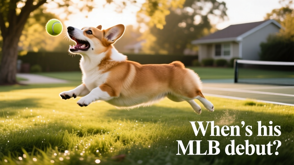 Coda mid-air, mouth open wide, catching a tennis ball just above the grass in a graceful leap