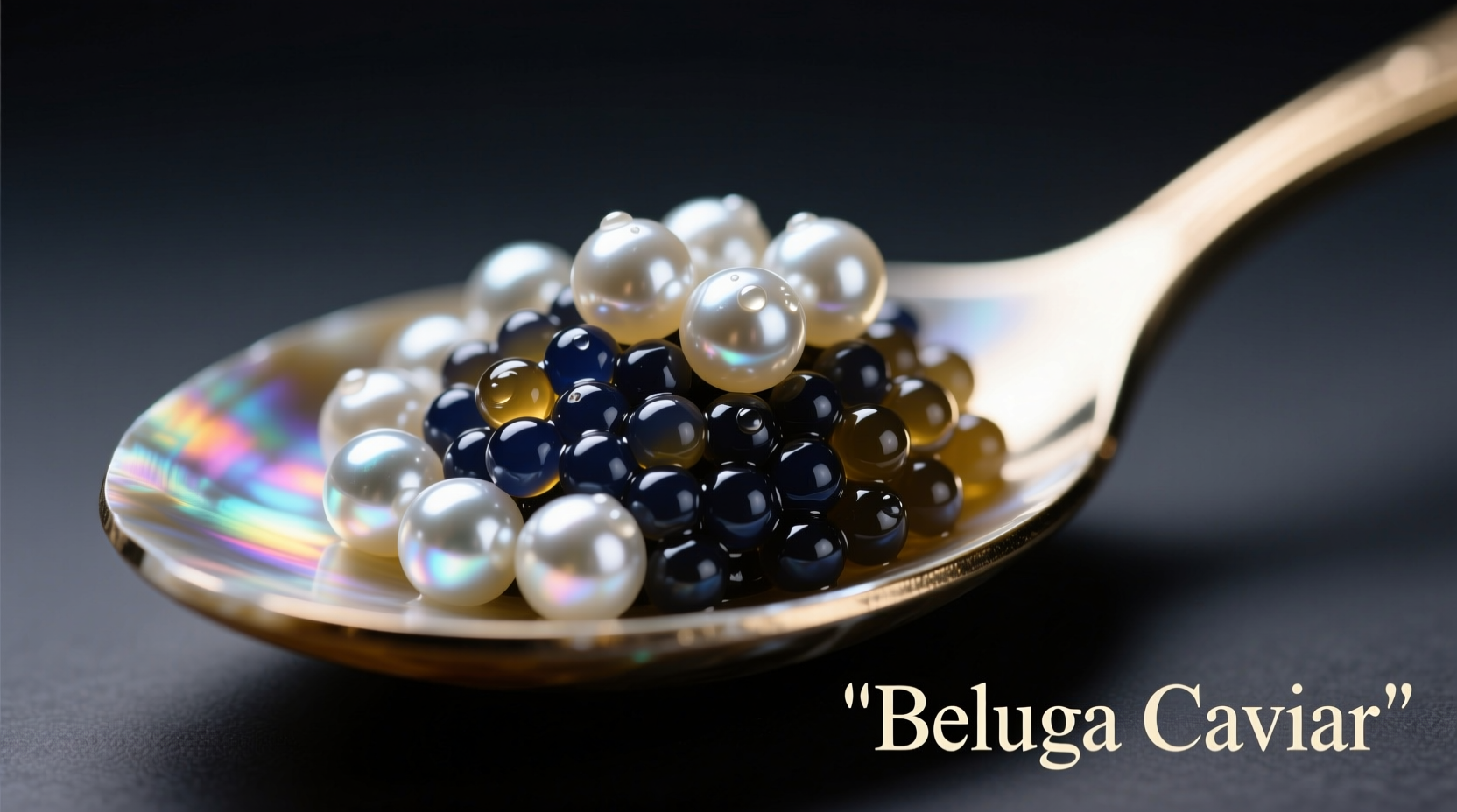 Close-up of Beluga caviar pearls on mother-of-pearl spoon