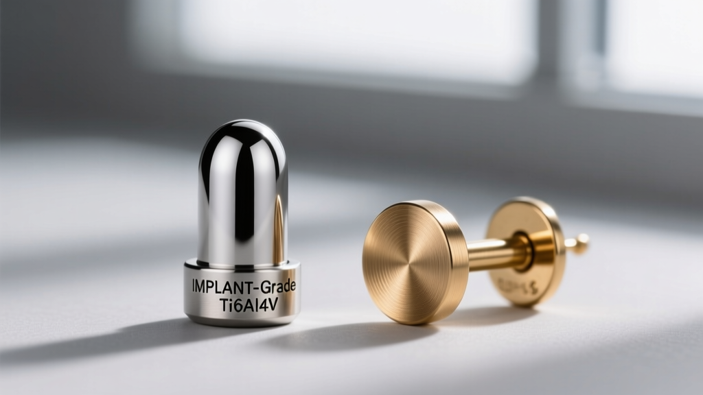 Macro photo of an implant-grade titanium earring post next to a brass post, highlighting the smooth finish and laser engraving.