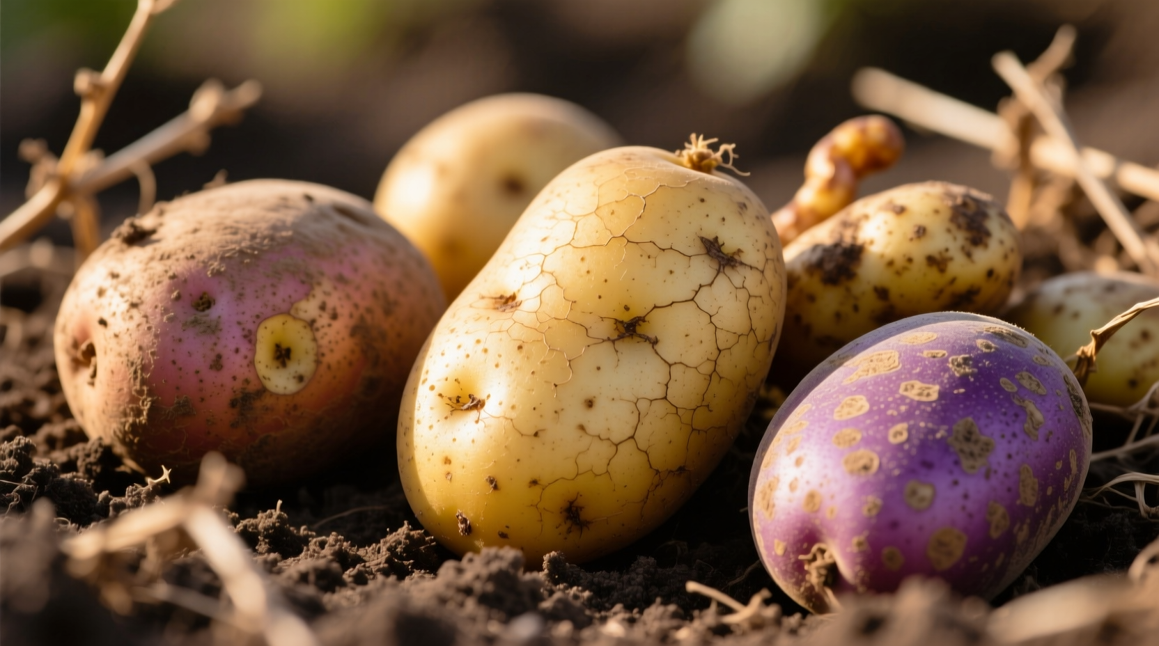 Close-up of different potato varieties showing skin texture