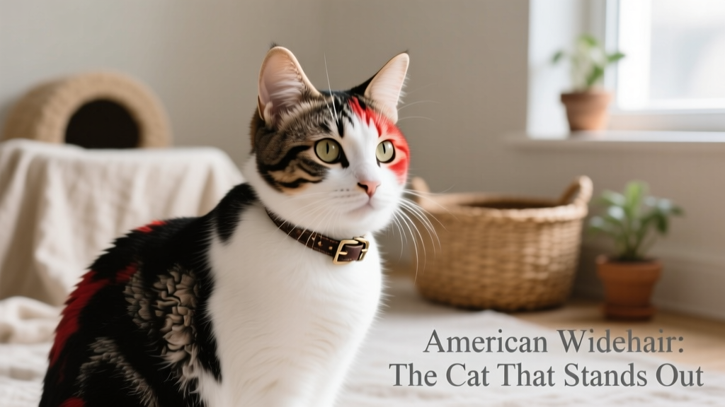 white, black, red American Wirehair cat side angle closeup