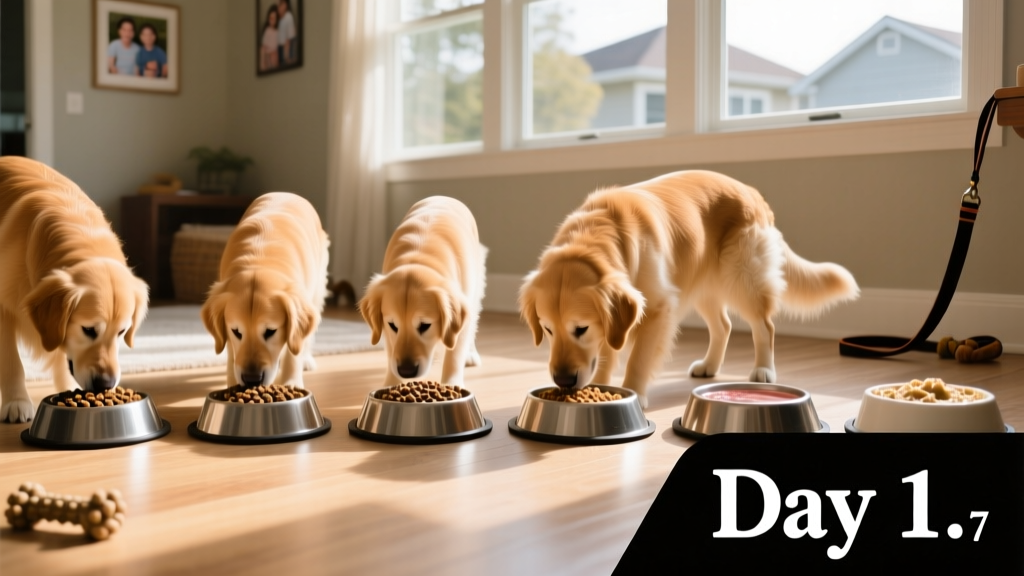 Step-by-step visual showing gradual transition from dry-only to mixed feeding over one week