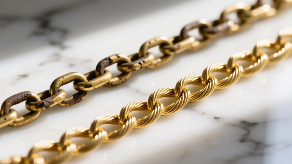 Macro shot comparing a tarnished gold-plated brass chain next to a pristine 14k solid gold cable chain on a white marble surface