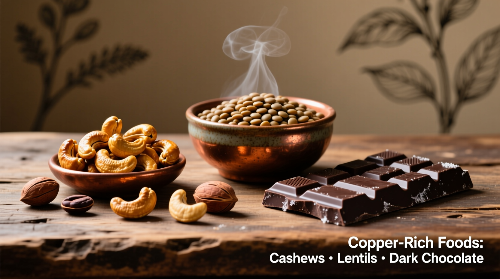 Copper-rich foods including cashews, lentils, and dark chocolate