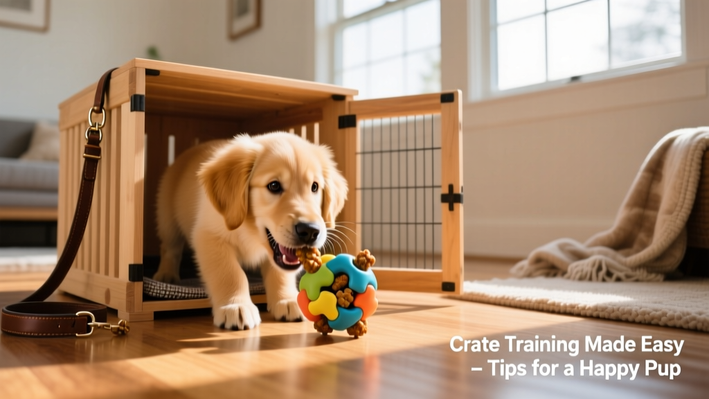 Puppy happily chewing a treat-filled puzzle toy inside an open crate