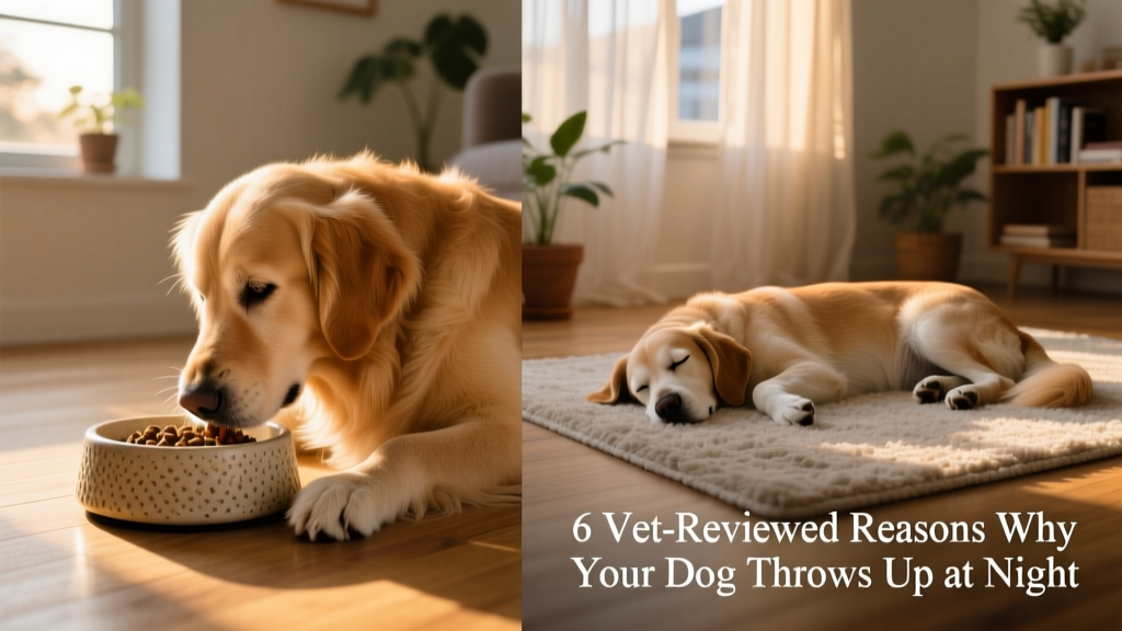 Side-by-side comparison: a calm dog eating from a slow-feeder bowl versus a dog resting peacefully after a light evening walk