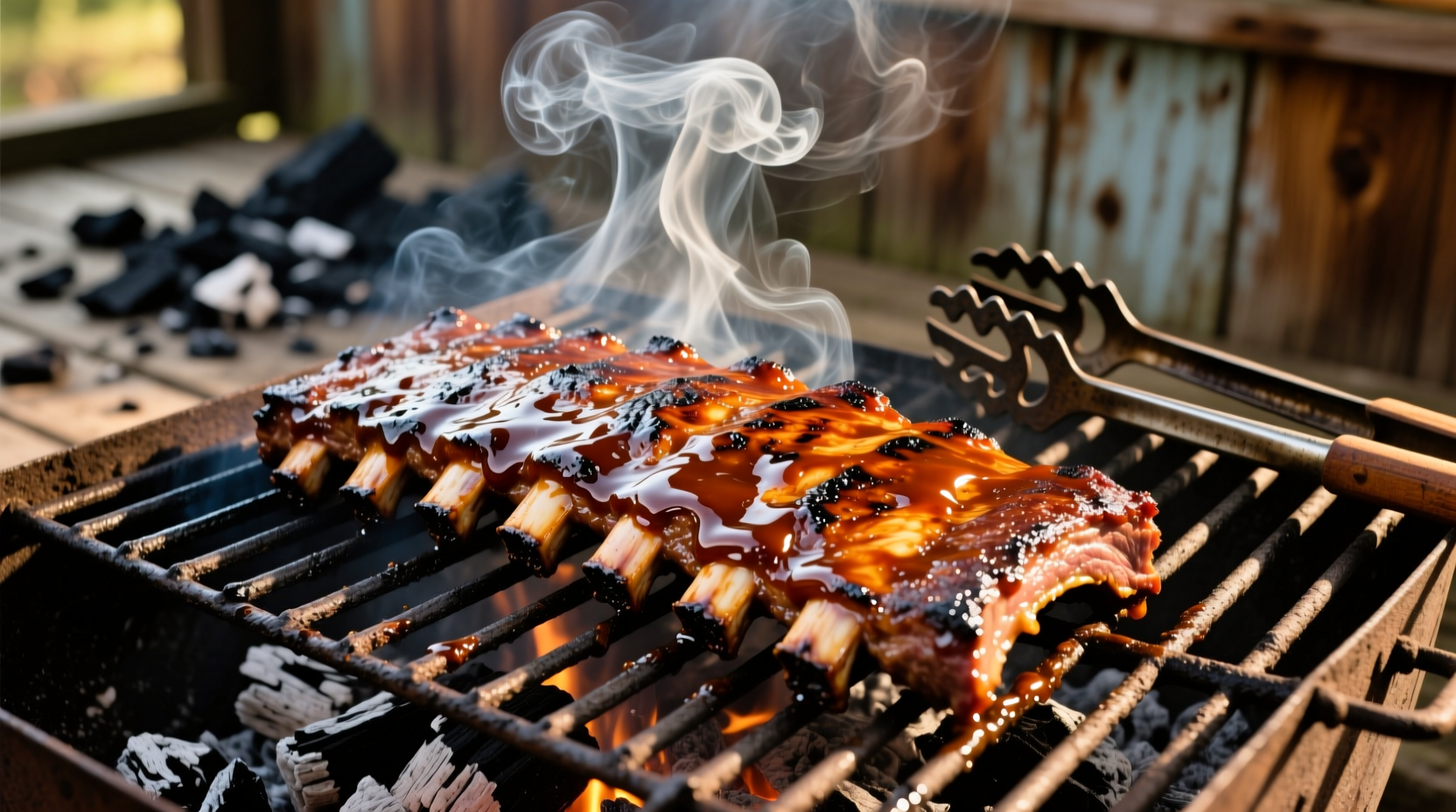 Perfectly cooked ribs on charcoal grill with smoke