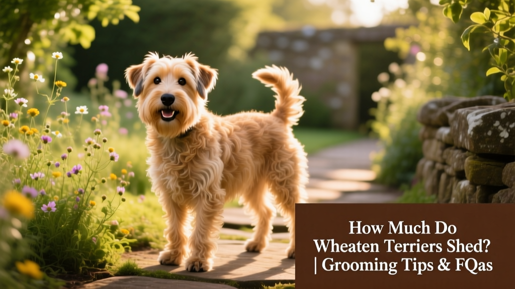 A smiling Wheaten Terrier with a soft, wavy, wheat-colored coat standing in a sunlit garden