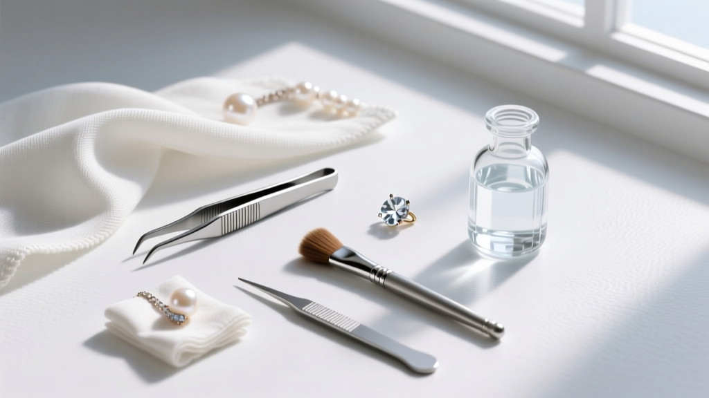Flat lay of jewelry tools with a microfiber cloth and distilled water, avoiding ultrasonic cleaners for delicate shell care.