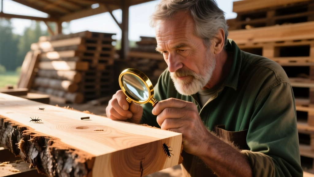 Close-up of a carpenter examining the end-grain of a rough-sawn Douglas Fir board with a magnifying loupe in a sunlit lumber yard