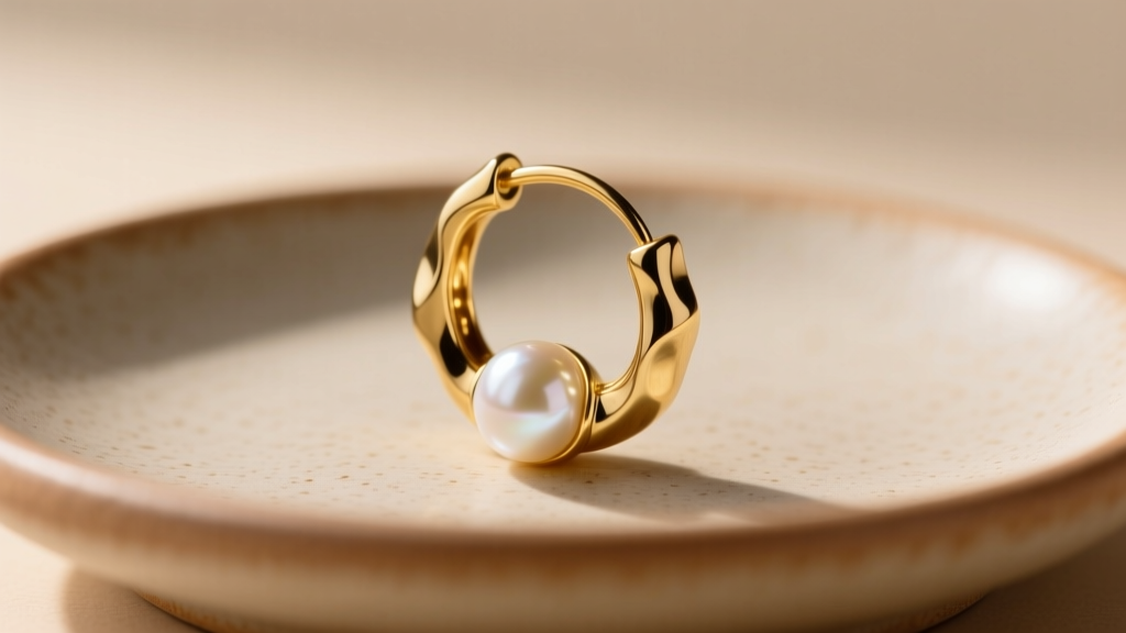 Macro shot of a 20-gauge gold cartilage hoop earring with a tiny baroque pearl accent resting on a textured ceramic dish.